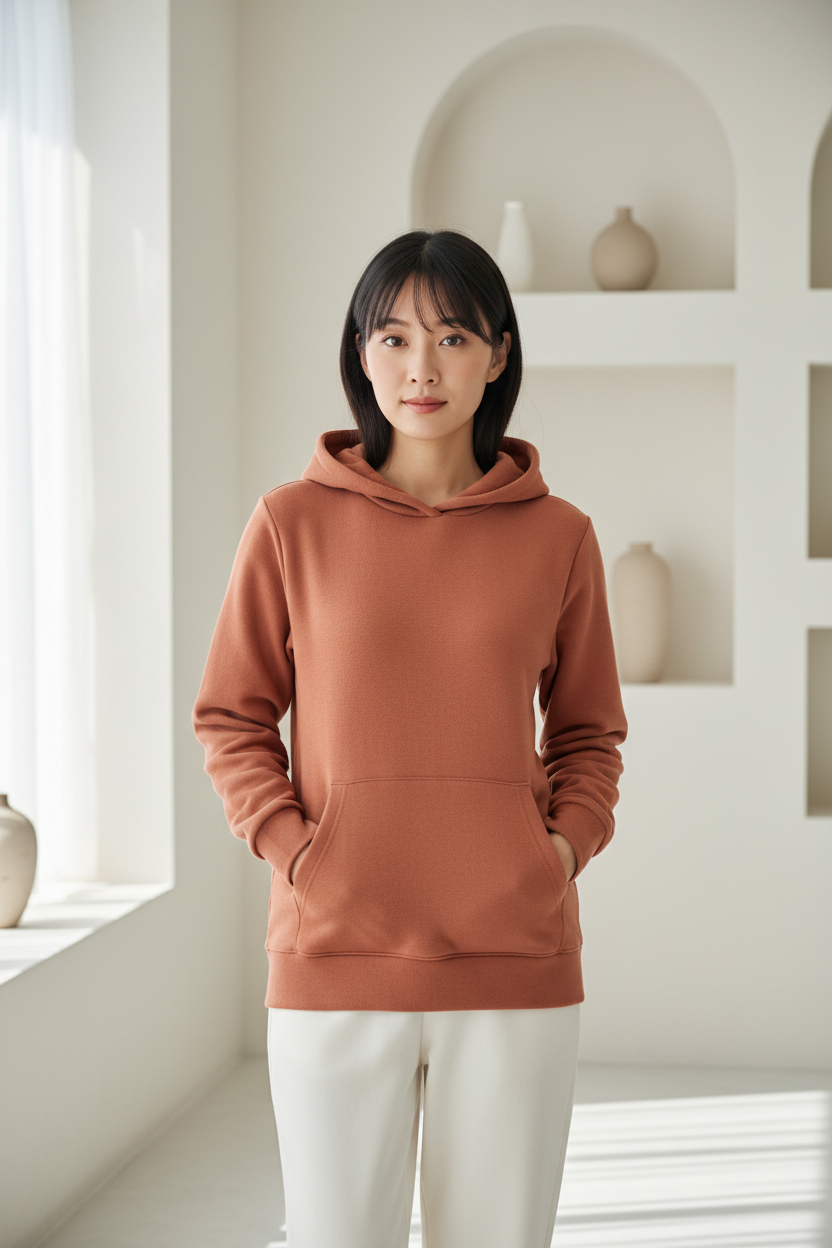 Luxury pullover hoodie in Dusty Terracotta, front facing pose