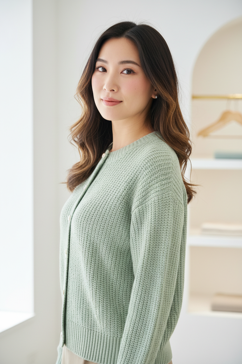 Luxury cardigan sweater in Soft Pistachio, three-quarter turn pose