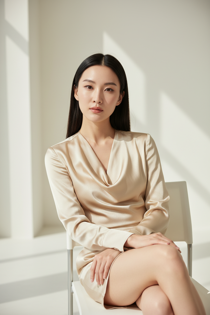 Satin Blouse in Champagne Gold - Seated Pose