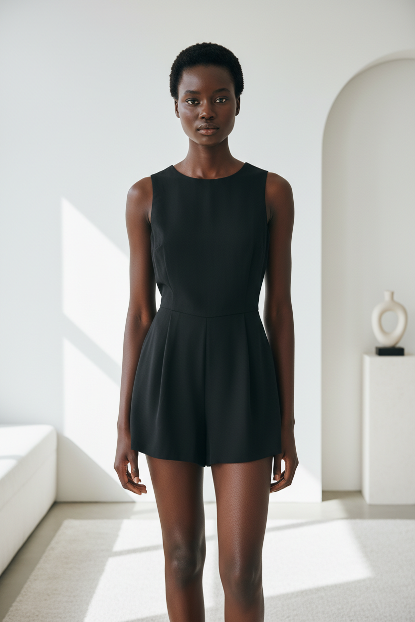 Luxury sleeveless romper in Matte Black – front view