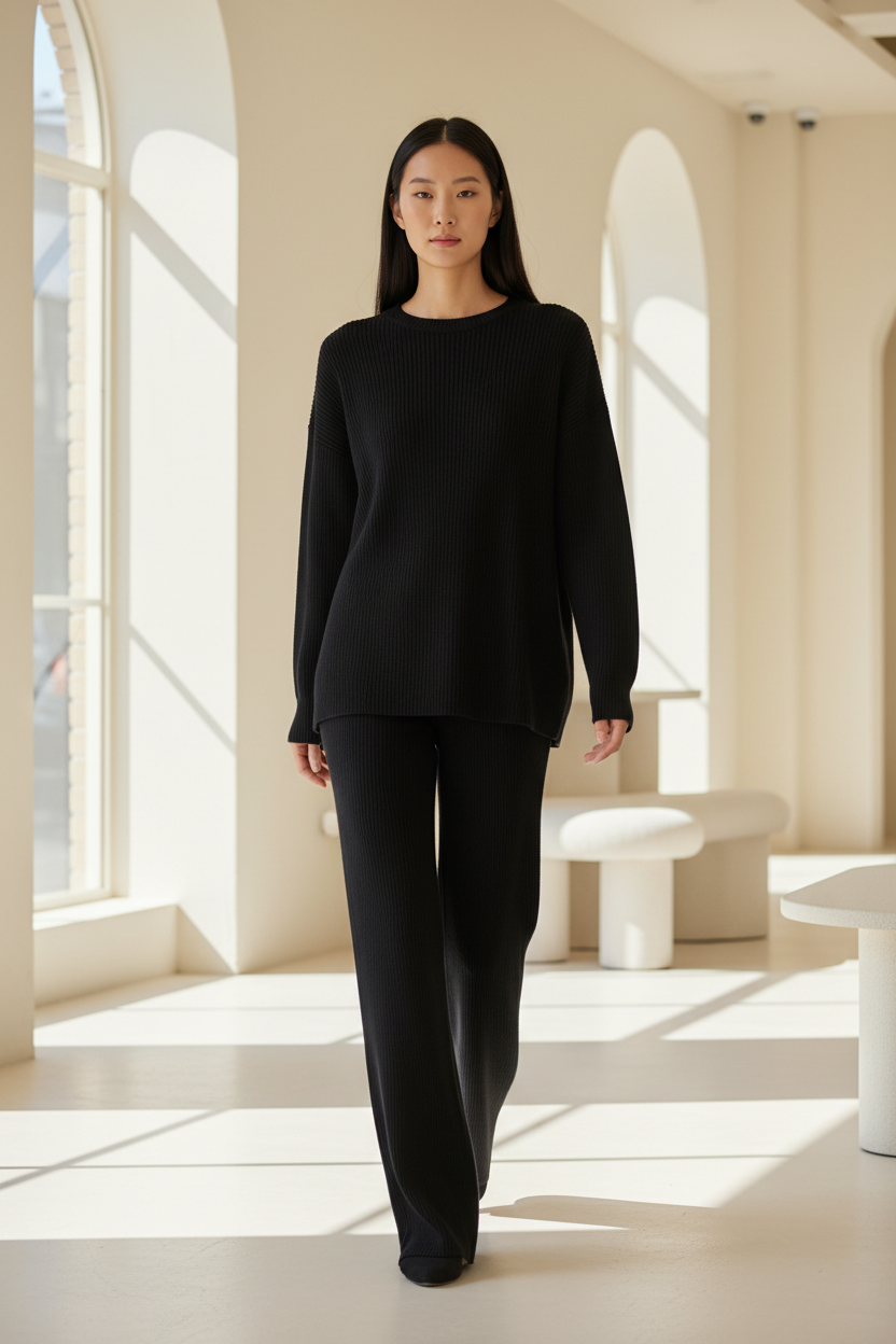 Luxury Ribbed Knit Lounge Set — Matte Black, Walking Pose