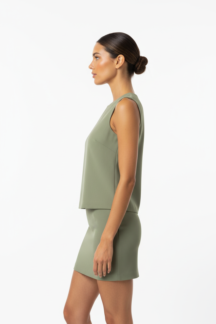 Women's co-ord skirt set in soft olive green, side profile pose