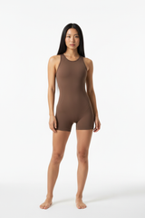 Seamless Racerback Sports Romper in Mocha Brown — Front Full-Body