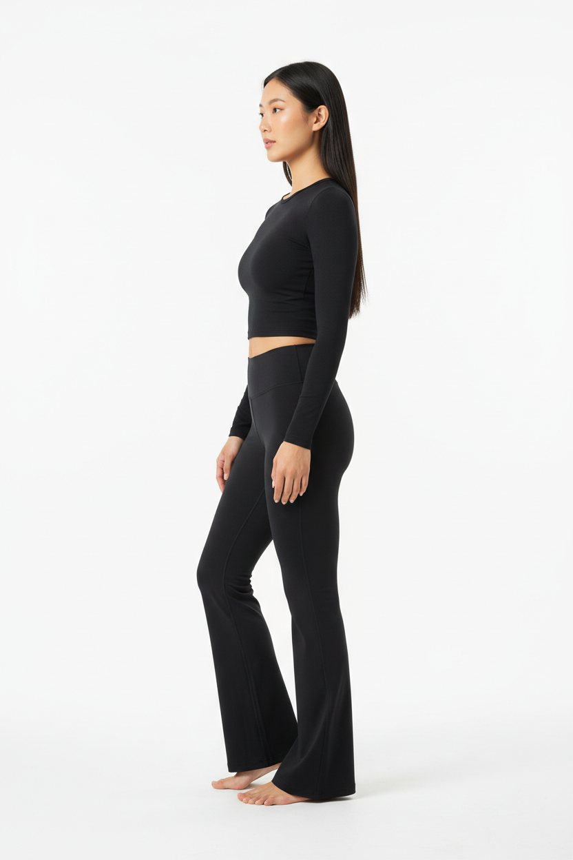 Long Sleeve Performance Top & Flared Yoga Pants Set in Midnight Black — Side Profile