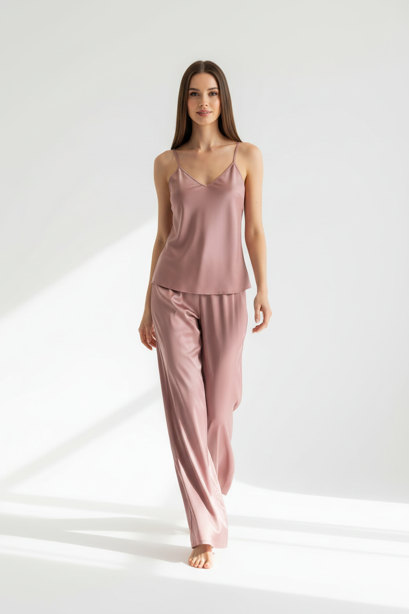 Luxury Satin Lounge Set — Dusty Rose Satin, Walking Pose