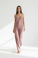 Luxury Satin Lounge Set — Dusty Rose Satin, Walking Pose