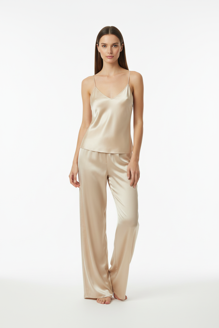 Luxury Satin Lounge Set — Champagne Satin, Front Standing Pose