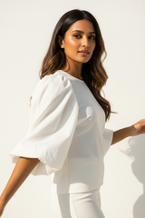 Puff-Sleeve Blouse in Ivory White - Three Quarter Pose