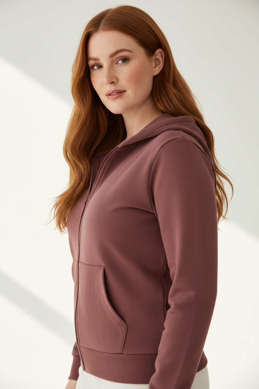 Luxury zip-up hoodie in Muted Rosewood, three-quarter turn pose