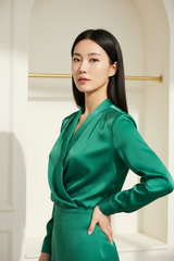 Satin Blouse in Emerald Green - Three Quarter Pose