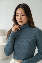 Luxury cropped ribbed sweater in Smoky Teal, detail close-up of ribbed knit texture