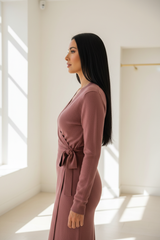 Luxury wrap sweater in Velvet Rose, side profile pose