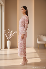 Elegant Embroidered Lace Fashion Set in Soft Rose Pink - Side Profile