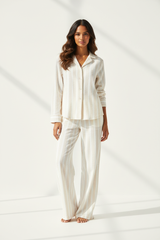 Luxury Striped Cotton Pajama Set — Ivory White Stripe, Front Standing Pose