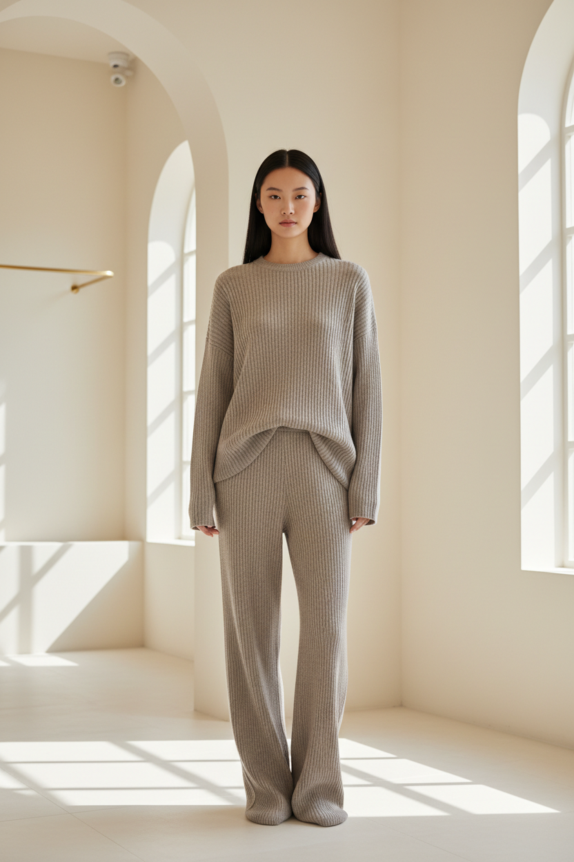 Luxury Ribbed Knit Lounge Set — Warm Grey, Front Standing Pose