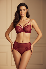 Sheer Mesh Balconette Bra Set - Wine Red - Front View