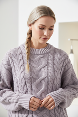 Luxury cable-knit sweater in Frosted Lavender, detail close-up of cable-knit stitch pattern
