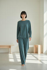 Luxury Soft-Touch Lounge Separates — Smoky Teal, Walking Pose