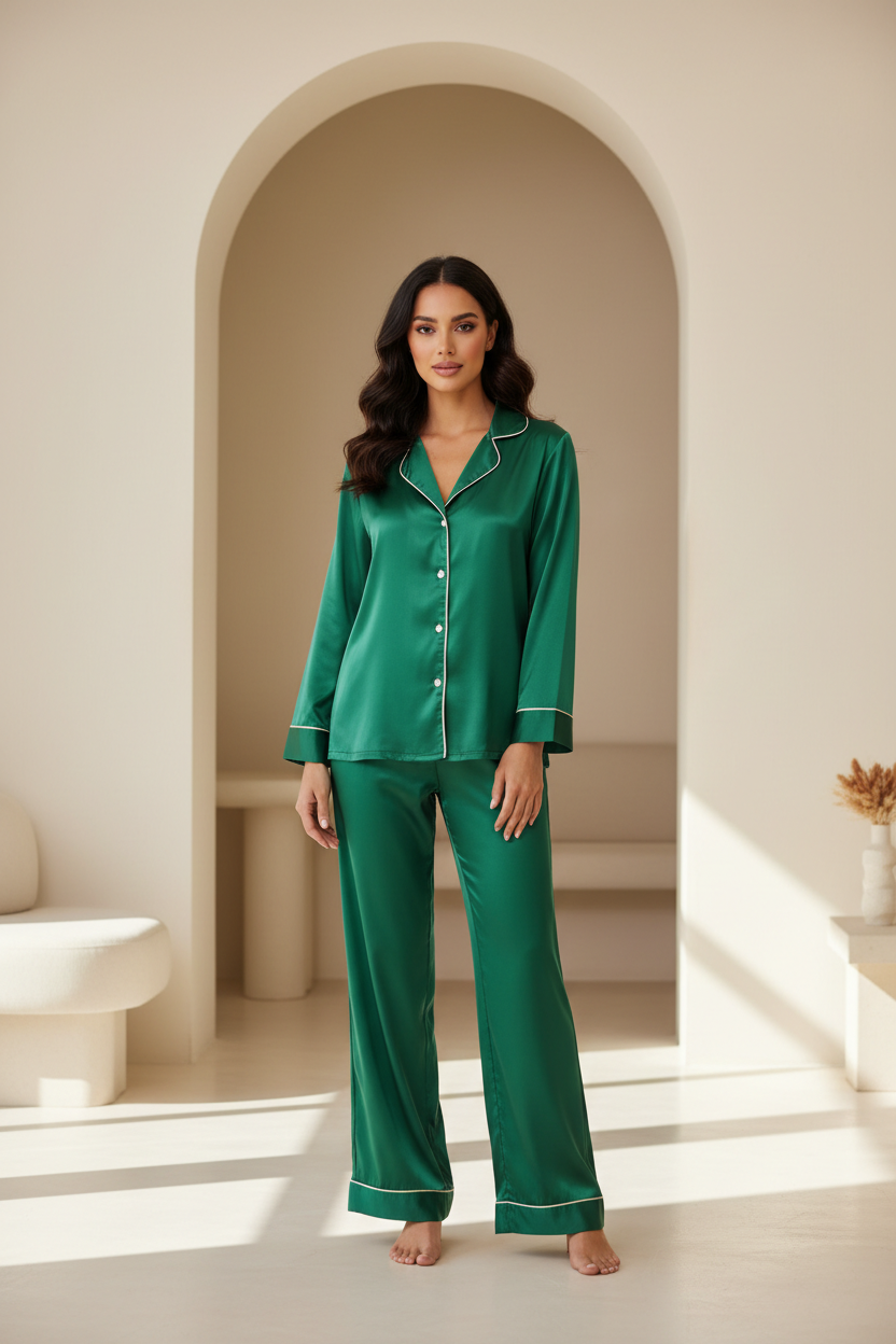 Luxury Silk Pajama Set — Emerald Green Silk, Front Standing Pose