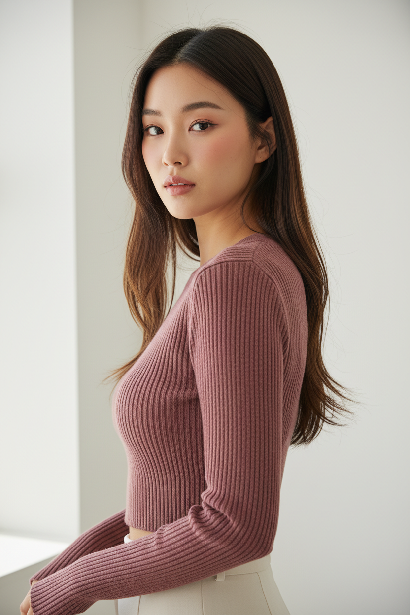 Luxury cropped ribbed sweater in Dusty Rosewood, three-quarter turn pose