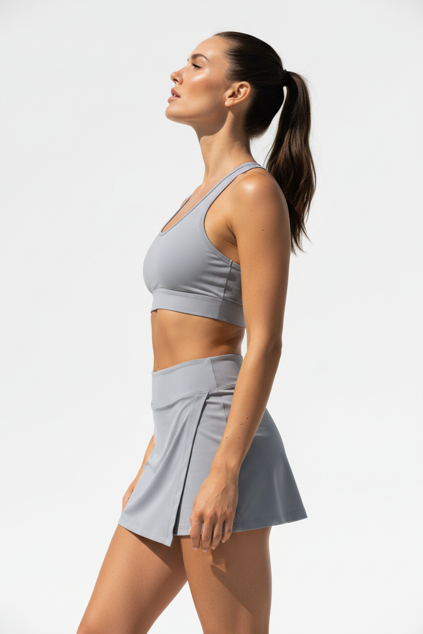 Women's sporty wrap mini skirt set in soft grey, side profile pose