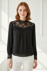 Lace-Trim Blouse in Matte Black - Front Pose