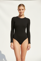 Luxury Ribbed Long-Sleeve Bodysuit in Matte Black - Front View